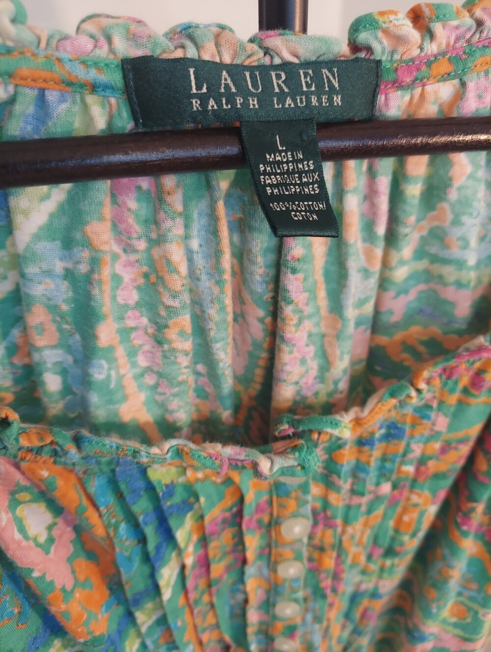 Ralph Lauren Women's Cotton Paisley Pattern Ruffled Cap Short Sleeve Top Size L - Picture 3 of 5